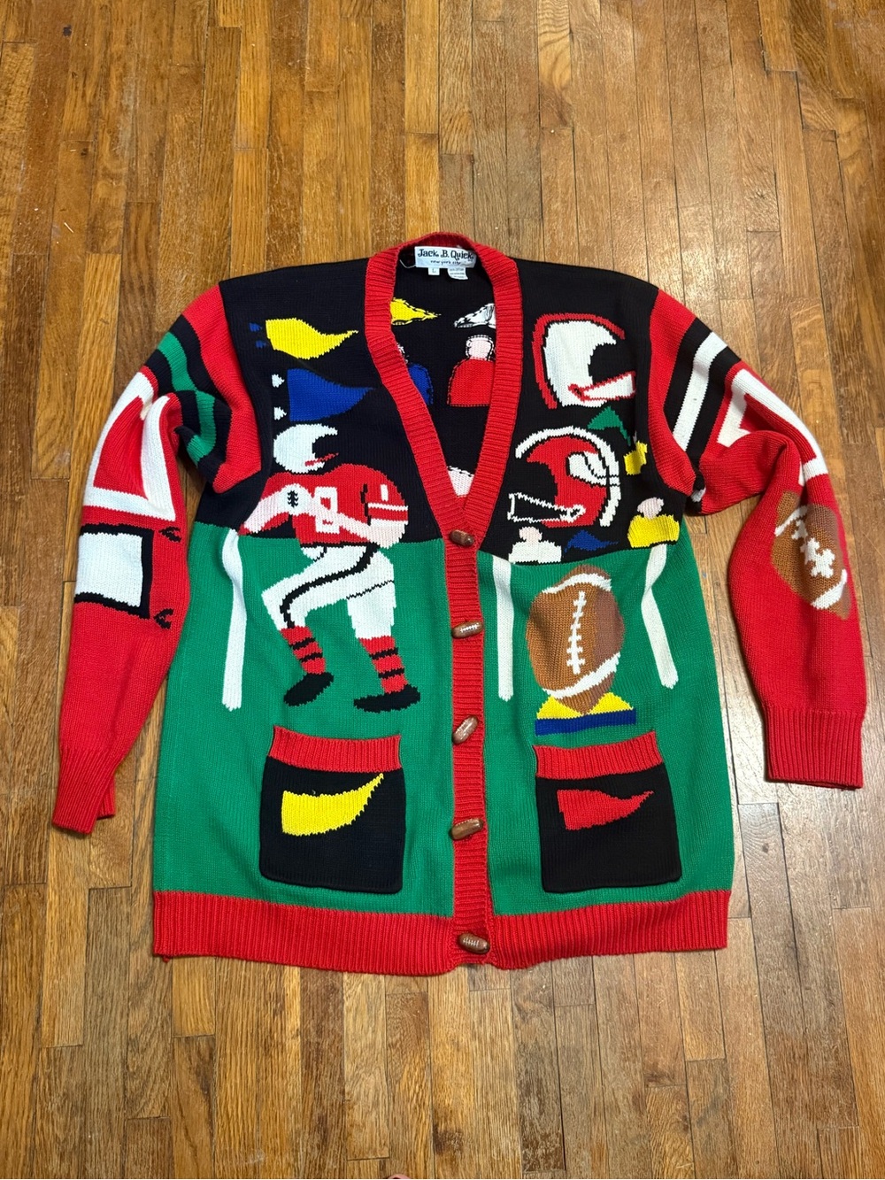 Women’s Vintage 100% Cotton Football-Themed Colorblock Cardigan Sweater